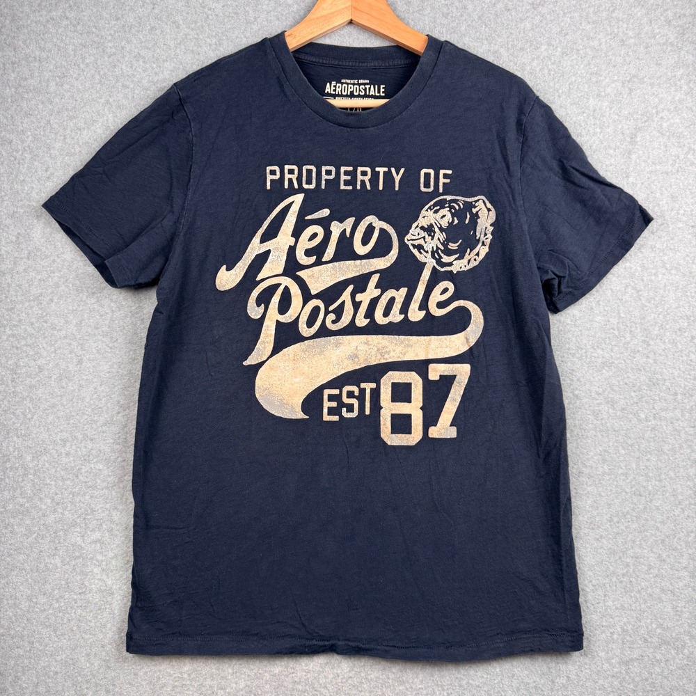Aeropostale Graphic Tee Mens Large Navy Blue Flocked Spell Out Bulldog Shirt Y2K